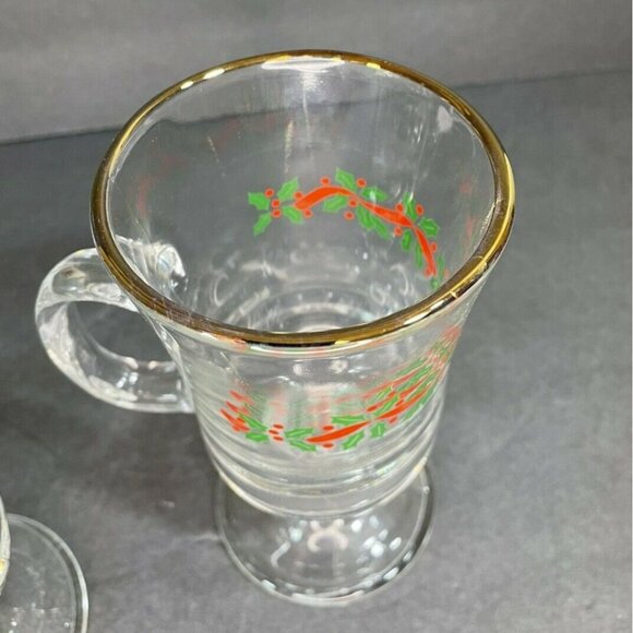 Vintage Libby Christmas Holly Berries Footed Irish Coffee Mug Set of 2 Gold Rim - Picture 8 of 10